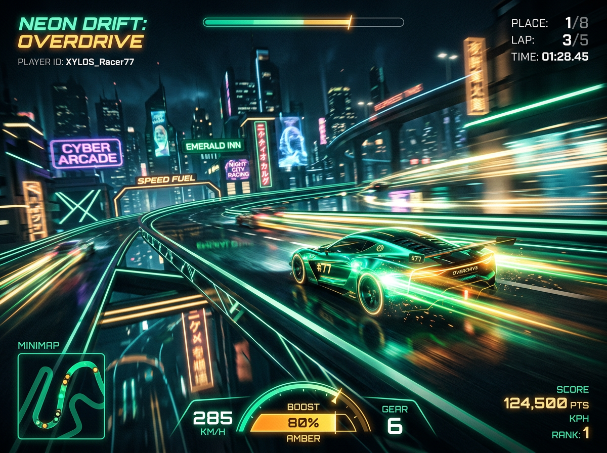 High-Speed Racing browser game with neon night city track
